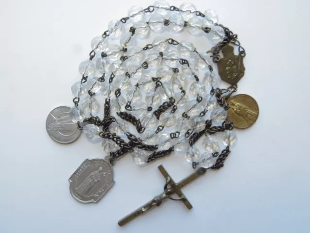 Late 1800s Large Antique 'Icy' Clear Glass Beads Rosary-in Brass w/ Medals