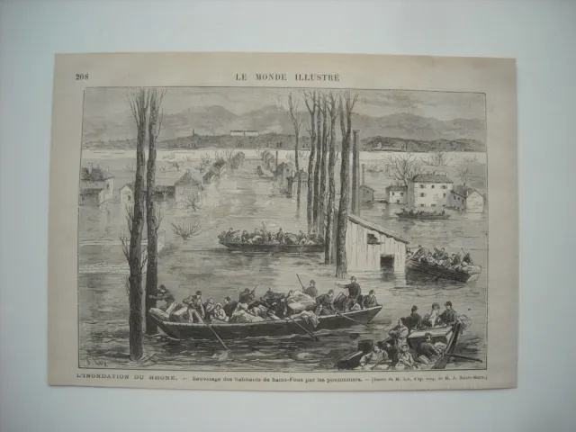 Gravure 1876. L’inondation Du Rhone. Sauvetage Des Habitants De Saint-Fons Par..