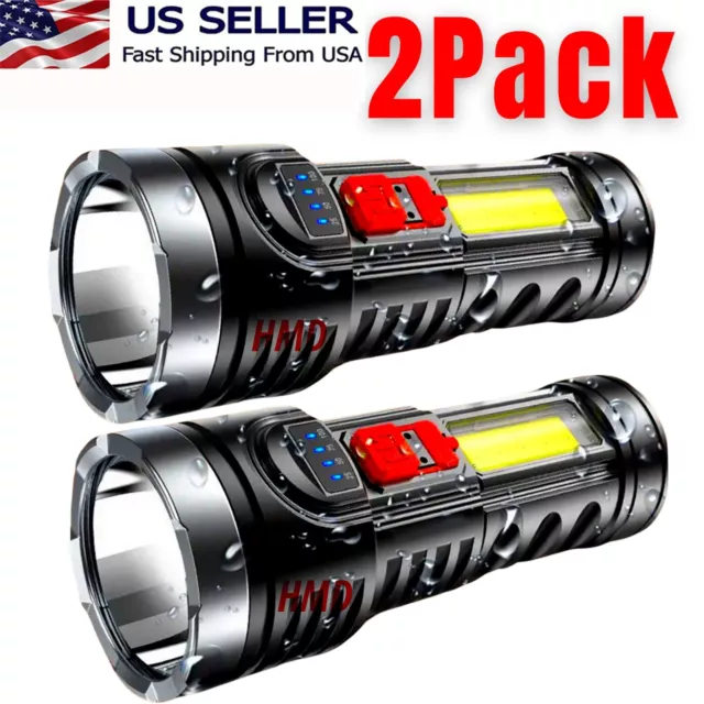 2 Pack LED Super Bright Flashlight Rechargeable Torch Tactical Lamp USB+ Battery