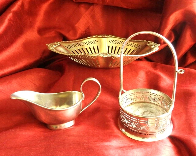 Early 1900s Hukin & Heath J.S.S Silver Plate Table Ware Gravy Jug Basket x 3