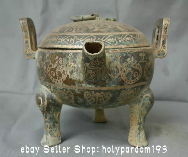 11.6" Ancient Chinese Bronze Ware Cuo Silver Dynasty Lid Handle Wine Kettle