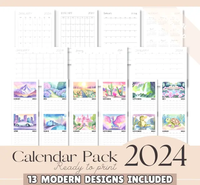 Calendar 2024, New Year Monthly Planner (Digital Download)