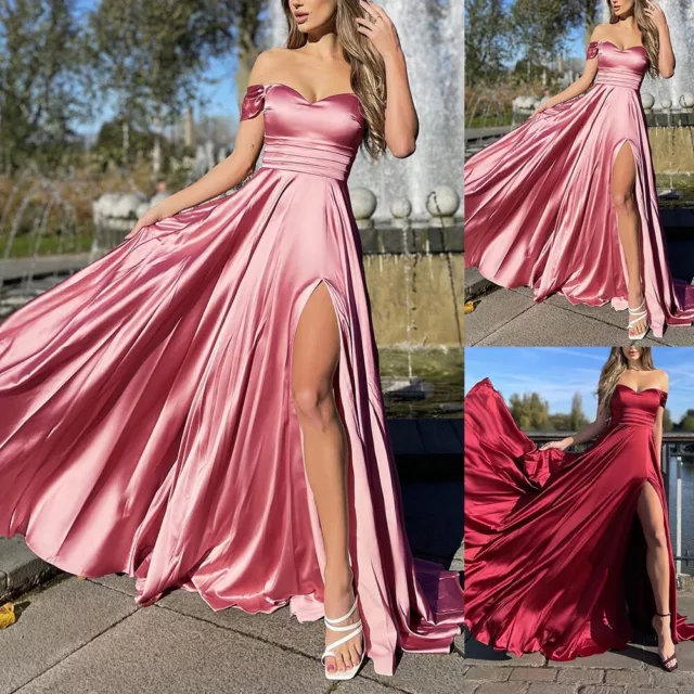 Stylish Off Shoulder Wedding Guest Dress Women's Satin Bridesmaid Gown