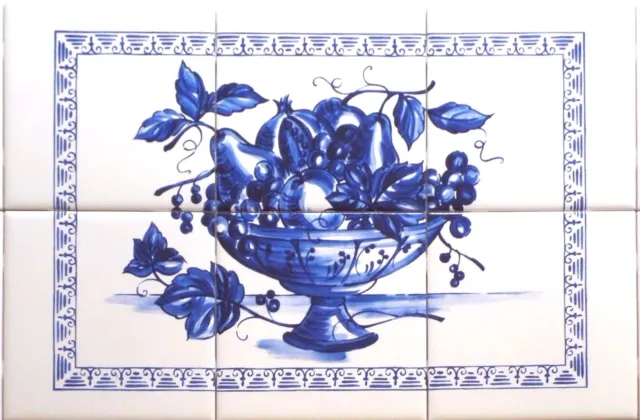 Blue Fruit Ceramic Tile Mural 18" x 12" Kiln Fired Back Splash Delft Design