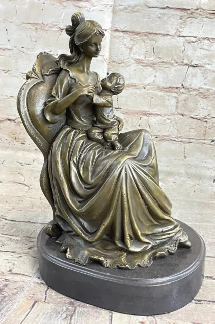 11.5 `` Art Déco Escultura Mujer Madre Holding Bebé Niño Bronce Estatua Decor