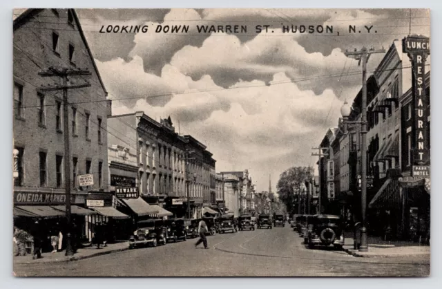 c1908~Warren Street~Oneida Market~Park Hotel~Hudson New York Ny~Antique Postcard