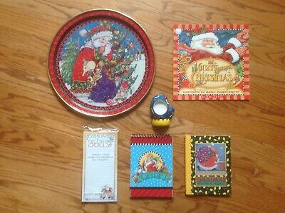 Lot of 6 Mary Engelbreit Christmas Items: TRAY Mitten Votive NOTEPADS Books VGC