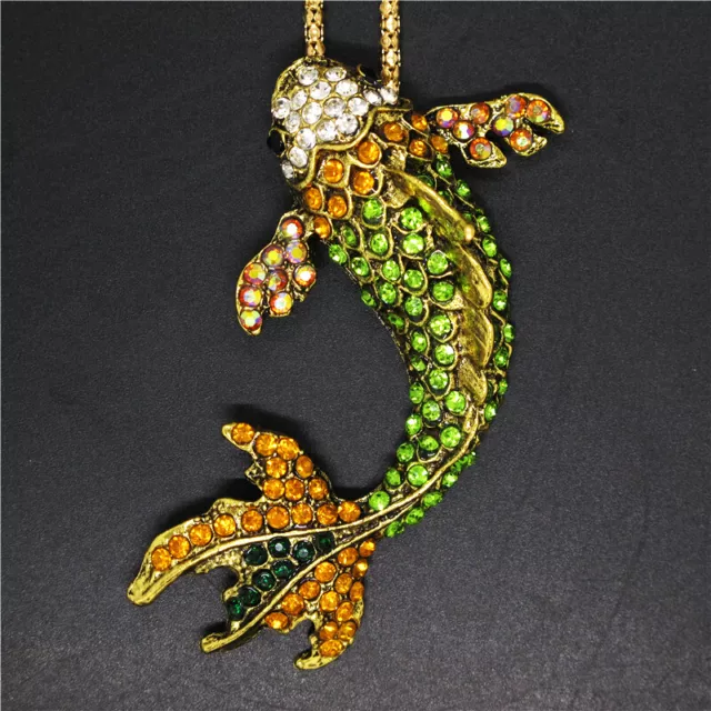 New Fashion Lady Bling AB Green Lucky Koi Fish Crystal Pendant Women Necklace