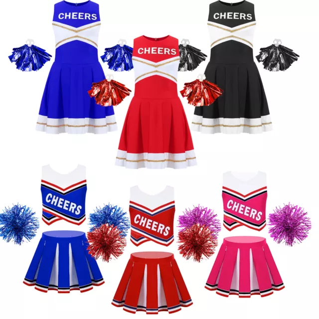 Kids Girls Cheerleading Uniform Performance Dance Costume Top Skirts Outfits