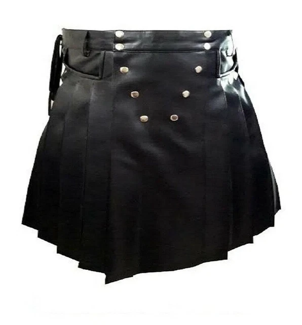 Mens Black Genuine Leather Kilts Roman Gladiator Traditional Utility Kilt LARP
