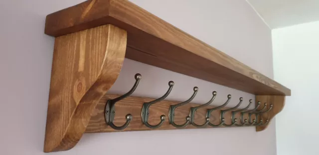 Coat Rack+Shelf Floating Rustic Handmade Wall Mounted 10 Double Hooks