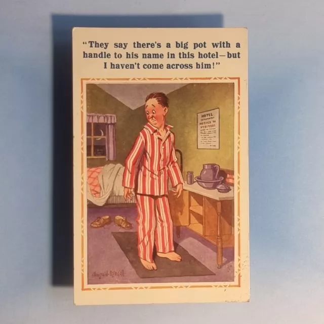Comic Postkarte 1930 Donald McGill Hotel Bett Pyjama kein Kammertopf
