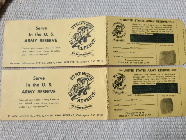 Vintage United States Army Reserves Recruitment Wallet Cards 1964