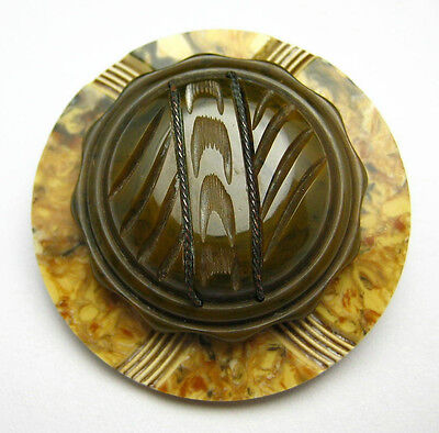 Carved Bakelite Brooch Pin Vintage Fancy Brown Loden Button