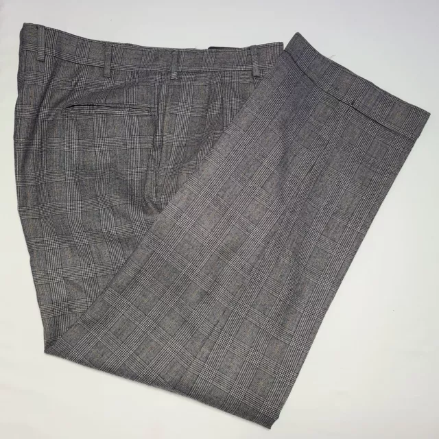 Men's Jos A Bank Gray Glen Plaid Pleated Cuffed Wool Dress Pants Size 36 x 30