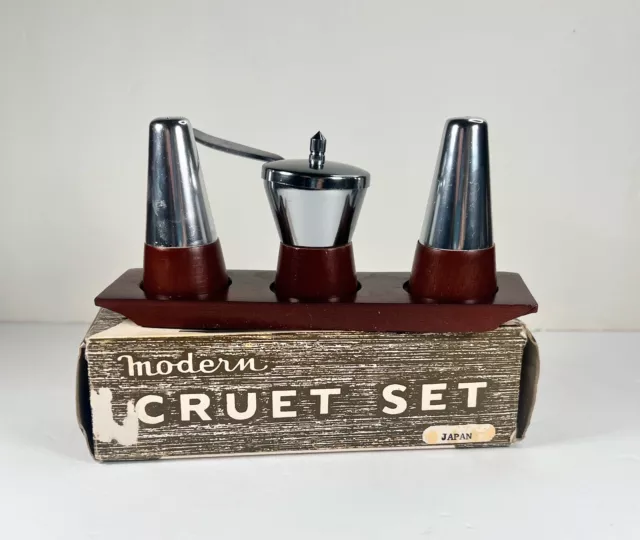 Mid Century Modern Wood & Silver plated Cruet Set Salt & Pepper W Mustard Bowl