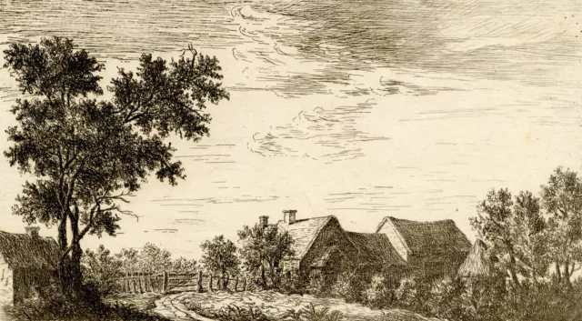 Landscape with Thatched Buildings – Original early 19th-century etching print