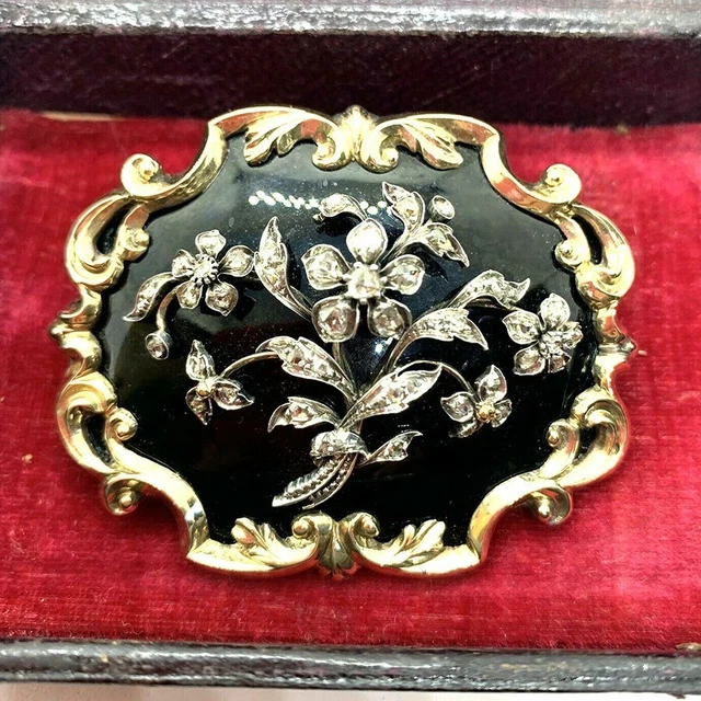 Antiker Georgianischer 15k Gold Rose Diamant Onyx Trauer Medaillon Brosche Blume Antiker Georgianischer 15k Gold Rose Diamant Onyx Trauer Medaillon Brosche Blume