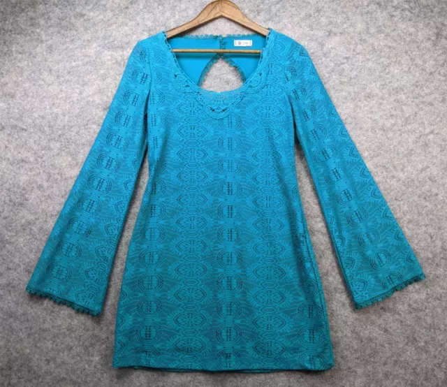 Olsenboye Dress Womens Medium Teal Green Crochet Lace Bell Sleeve Mini A-Line