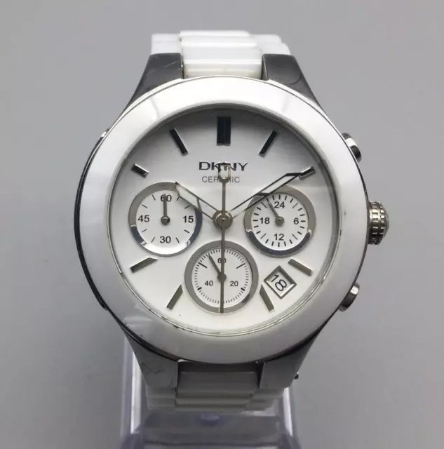 DKNY Ceramic Watch Women 38mm White Silver Tone Date New Battery 6.25"