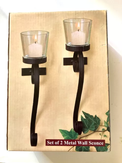 Set of 2 black Metal wall sconce with Votive glass candle Cups New