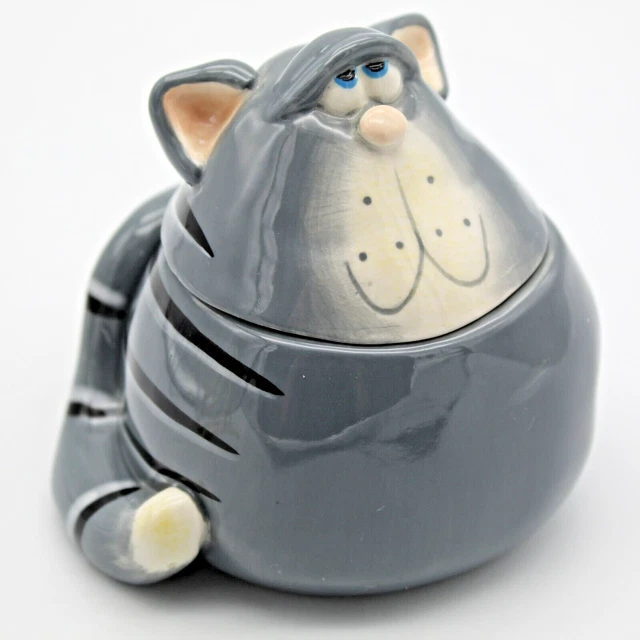 Vintage Gray Tabby Cat Trinket Box by Russ Berrie Hand Painted Candle Holder