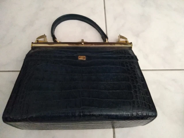 Sac à Main En Crocodile Bleu - Cuir - Taille Moyenne - Doublure Beige Cuir - Neuf Sans étiquette - Chic