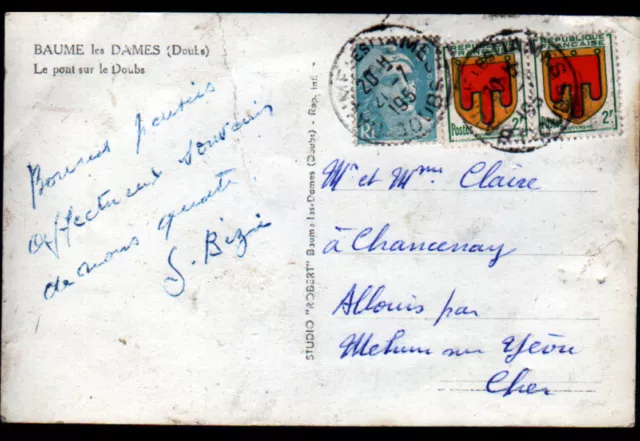 BAUME-les-DAMES (25) VILLAS & PONT en vue aérienne / Combinaison de timbres 1951