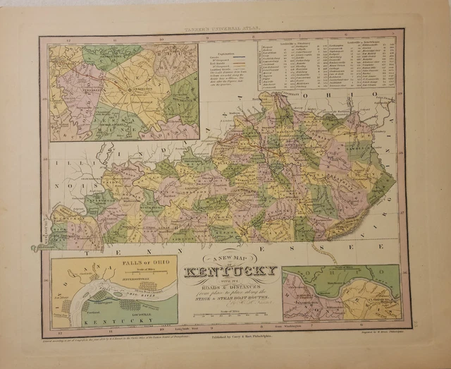 1839 Tanner Map Of Kentucky 14 x 17.5” Hand-Colored