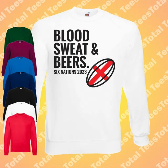 Mens England Rugby Supporters Jumper Blood Sweat And Beers Six 6 Nations Tshirt