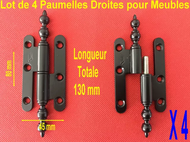 Lot de 4 Paumelles Rustique DROITE Porte de Meuble Fer Noir - 13 cm - 80 x 45 mm
