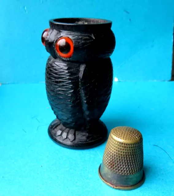 Antique Lge Carved Irish Bog Oak Owl Figural Sewing  Thimble Holder .Glass Eyes.