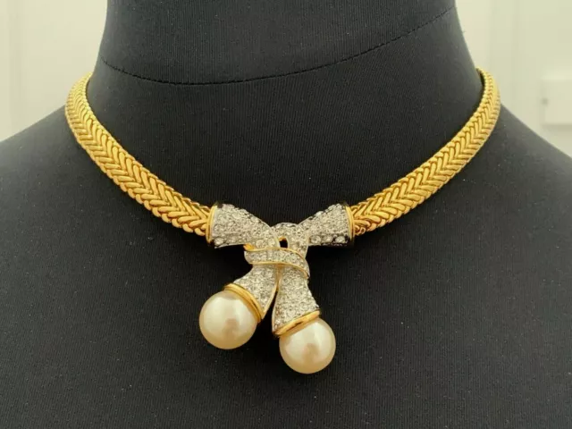 Gorgeous French Vintage Designer NECKLACE - Two pearls & crystals as pendant