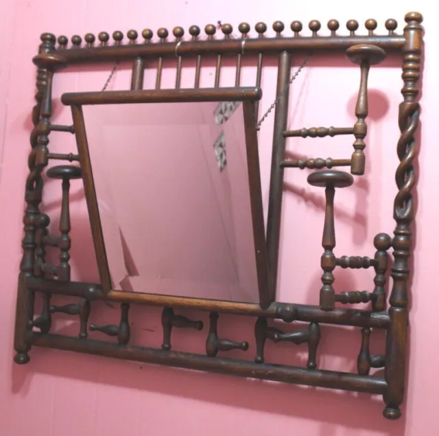 Antique Victorian Oak Stick and Ball Wall Mount Hat and Coat Rack with Mirror