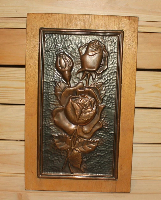 Vintage Wandtafel aus Kupfer/Holz, Stillleben, Blumen, Rosen