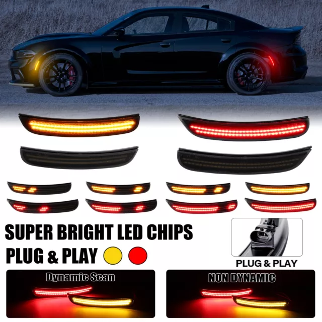 KUAFU LED Side Marker Light Compatible With 2015-2022 Dodge Charger Replacement For 68214404AA 68214405AA 68214126AA 68214127AA CH2550133 CH2551133 Smoked Lens Red & Yellow 4Pcs Front Rear