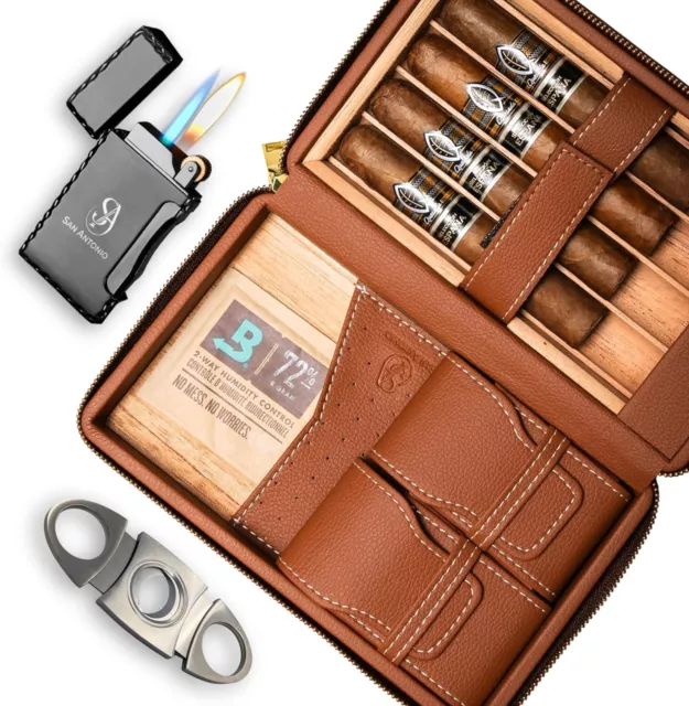 Brown Cigar Humidor Case Portable Cedar Wood Leather Travel Box 4 Count Cohiba