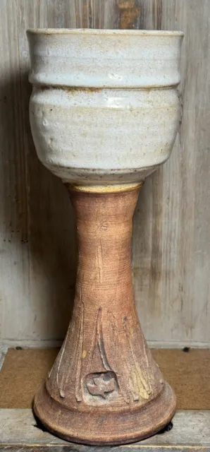 Vintage Handmade Art Pottery Chalice Goblet Glazed/Matte w/Makers Mark 8.5” Tall
