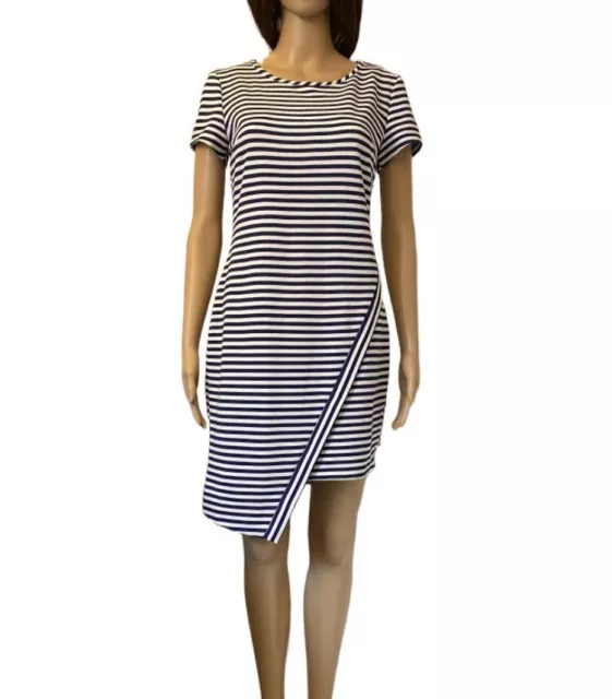 Beige by eci Womens Asymmetrical Short Sleeves Dress Navy White Stripes Size S