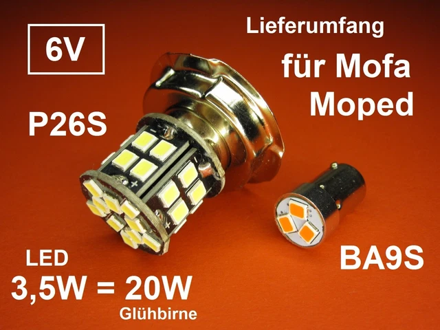 LED Birnen Lampen für 6V Mofa, mit Spannungsregler Gleichrichter P26S, BA9S