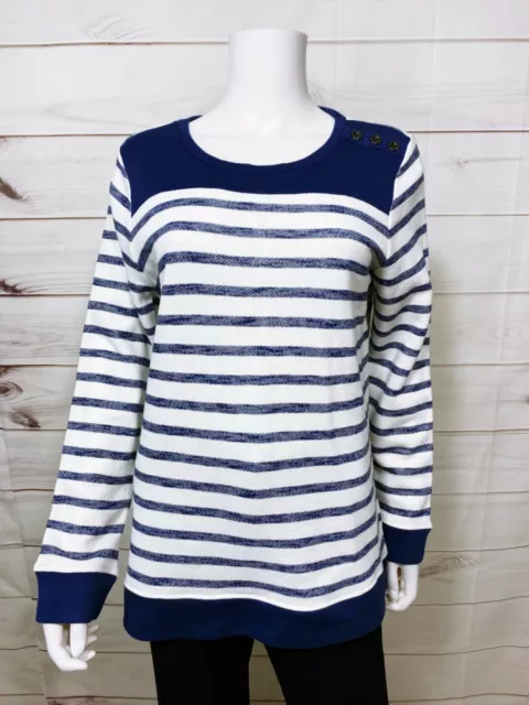 Jones New York Signature Womens Sweater Size L Ivory Indigo Striped Long Sleeve