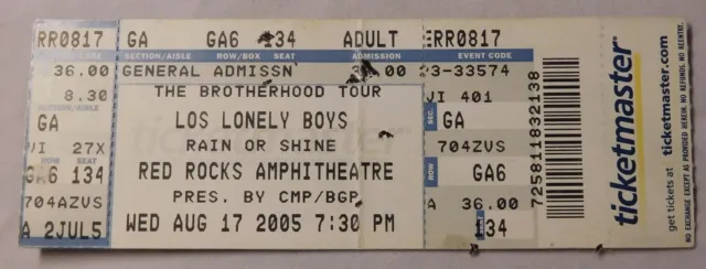 Used Concert Ticket Stub for Los Lonely Boys at Red Rocks Amphitheatre 8/17/2005