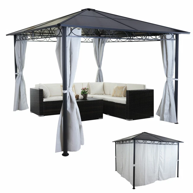 Hardtop Pergola HWC-C77, Garten Pavillon, Kunststoff-Dach Seitenwand Alu 3x3m