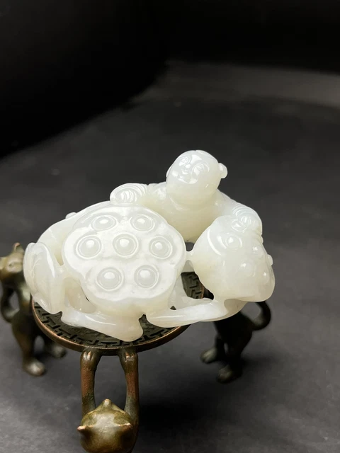 Chinese Exquisite Handmade Lotus Children carving Hetian Jade Statue