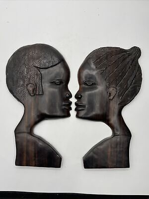 Vintage  African Nigeria Carved Face Head Profile Tribal Hard Wood Wall Art