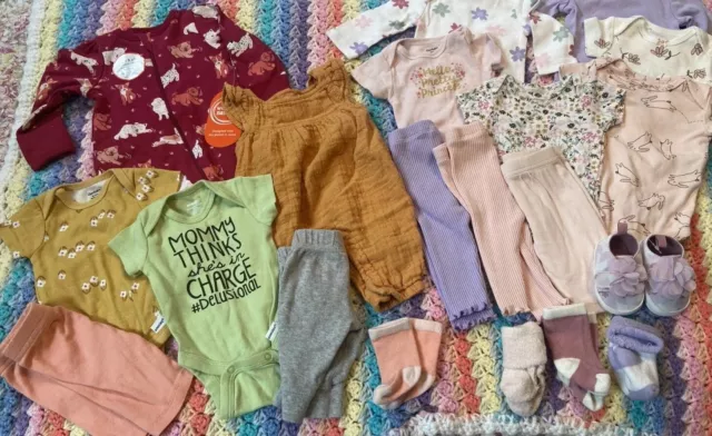 NB Baby Girl Clothing Lot Bodysuits Sleeper Socks Pants Carters 16Pc Shoes