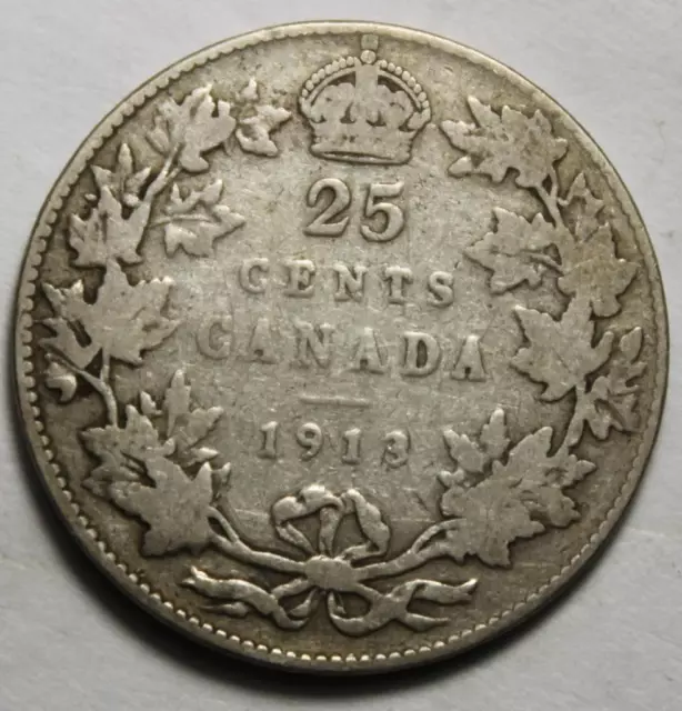 Canada 1913 Silver 25 Cents, Old Date KGV (83b)