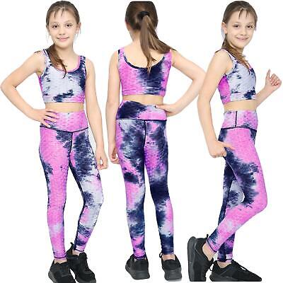 Girls Honeycomb Pink Leggings Crop Top Vest Dance Yoga Exercise High Waist Set