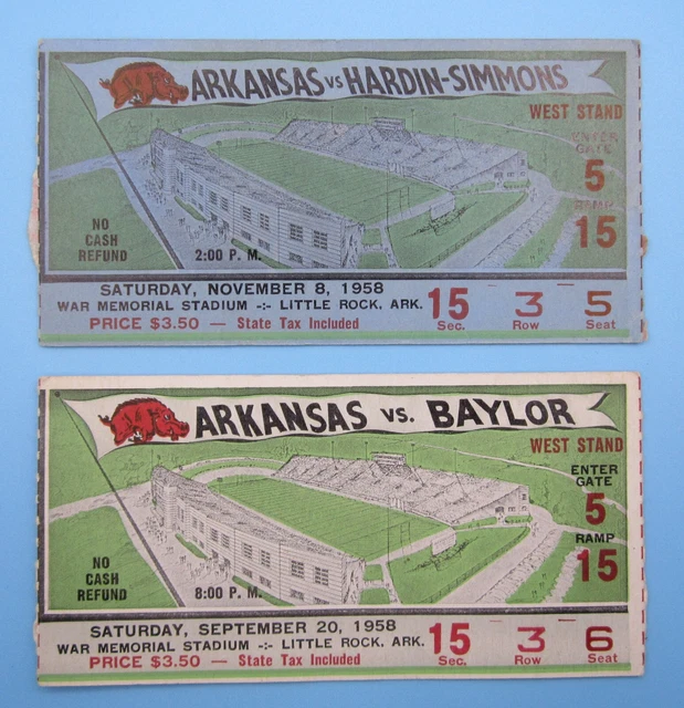 2 VTG 1958 Arkansas Razorback Football Tickets-Arkansas VS Baylor/Hardin-Simmons 2