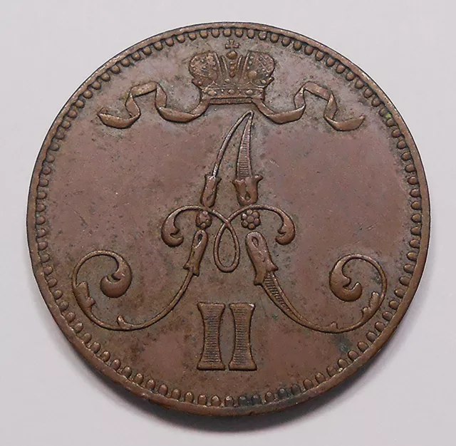 Finland 1867 5 Pennia XF ** HIGH Grade SCARCE Date Grand Duchy Alexander II Coin